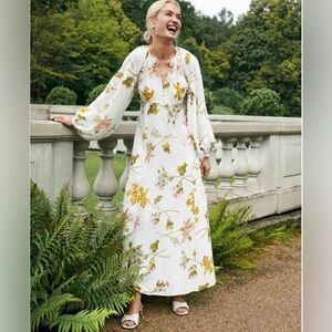 NWT byTIMo Long Puff Sleeve Botanical Ivory Floral Linen Blend Midi Dress M Boho